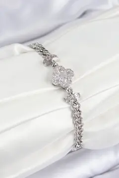 Pirinç Zirkon Taşlı Yonca Model Gümüş Renk Kadın Bileklik 5886