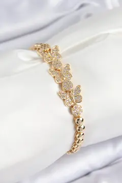 Pirinç Zirkon Taşlı Kelebek Model Gold Renk Kadın Bileklik 5886