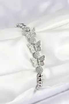 Pirinç Zirkon Taşlı Kelebek Model Gümüş Renk Kadın Bileklik 5886