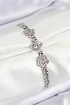Pirinç Zirkon Taşlı Yonca Model Gümüş Renk Kadın Bileklik 5886