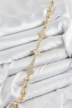 Pirinç Zirkon Taşlı Yonca Model Gold Renk Kadın Bileklik 5886