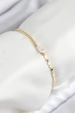 Pirinç Zirkon Taşlı Damla Model Ezme Zincir Gold Renk Kadın Bileklik 5886