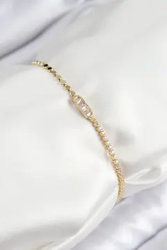 Pirinç Zirkon Taşlı Dikdörtgen Model Ezme Zincir Gold Renk Kadın Bileklik 5886