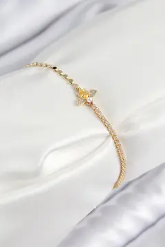 Pirinç Zirkon Taşlı Arı Model Ezme Zincir Gold Renk Kadın Bileklik 5886