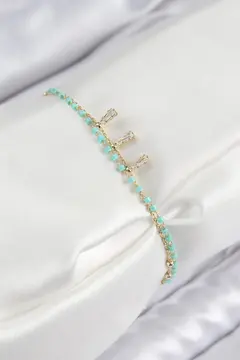 Pirinç Zirkon Taşlı Mavi Boncuklu Model Gold Renk Kadın Bileklik 5886