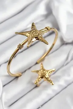 Pirinç Deniz Yıldızı Model Gold Renk Bileklik Yüzük Set 5886
