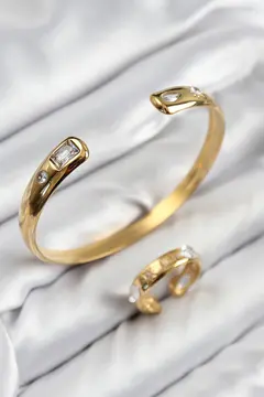 Pirinç Zirkon Taşlı Ayrık Model Gold Renk Bileklik Yüzük Set 5886