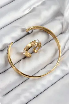 Pirinç Zirkon Taşlı Ayrık Model Gold Renk Bileklik Yüzük Set 5886