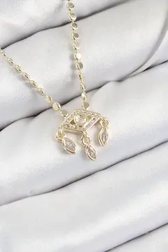 Pirinç Zirkon Taşlı Sallantılı Göz Model Ezme Zincir Gold Renk Kadın Kolye 5886