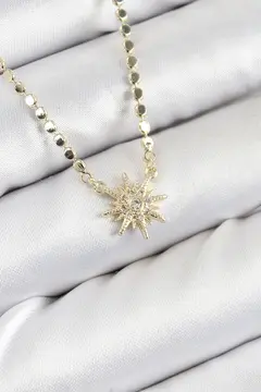 Pirinç Zirkon Taşlı Kutup Yıldızı Model Ezme Zincir Gold Renk Kadın Kolye 5886