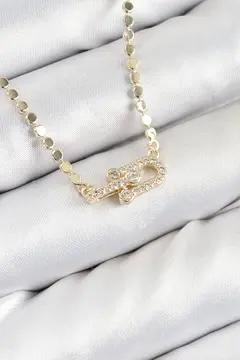 Pirinç Zirkon Taşlı Tifany Model Ezme Zincir Gold Renk Kadın Kolye 5886