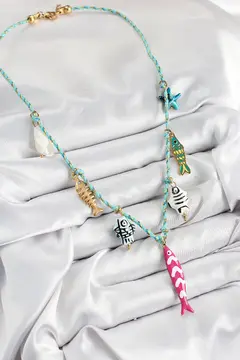 Seramik Motifli Pembe Balık Figürlü Model Mavi İp Kadın Kolye 5886