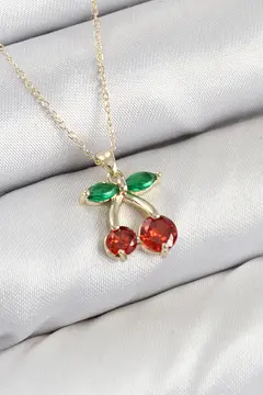 Pirinç Zirkon Taşlı Kiraz Model Gold Renk Kadın Kolye 5886