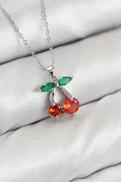 Pirinç Zirkon Taşlı Kiraz Model Gümüş Renk Kadın Kolye 5886