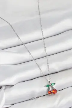 Pirinç Zirkon Taşlı Kiraz Model Gümüş Renk Kadın Kolye 5886