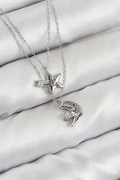 Pirinç Zirkon Taşlı Yıldız Ve Ay Model Gümüş Renk Kadın Kolye 5886