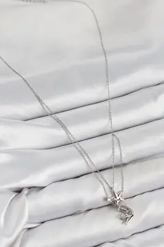 Pirinç Zirkon Taşlı Yıldız Ve Ay Model Gümüş Renk Kadın Kolye 5886