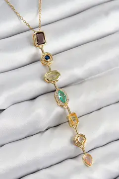 Pirinç Renkli Zirkon Taşlı Model Gold Renk 7 Element Kadın Y Kolye 5886