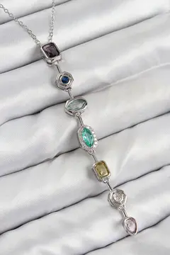 Pirinç Renkli Zirkon Taşlı Model Gümüş Renk 7 Element Kadın Y Kolye 5886