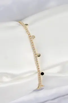 Pirinç Zirkon Taşlı Ezme Zincirli Sıralı Model Gold Renk Kadın Bilekilk 5886