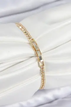 Pirinç Zirkon Taşlı Ezme Zincirli Sıralı Model Gold Renk Kadın Bilekilk 5886