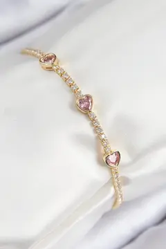Pirinç Zirkon Taşlı Pembe Kalp Model Gold Renk Kadın Bileklik 5886