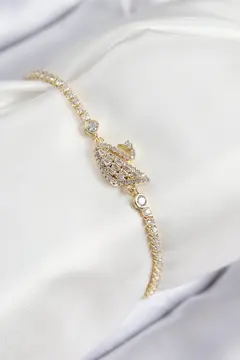 Pirinç Zirkon Taşlı Kuğu Model Gold Renk Kadın Bileklik 5886