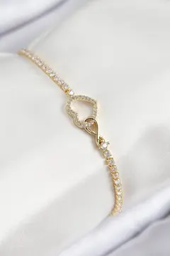 Pirinç Zirkon Taşlı Sonsuzluk Kalp Model Gold Renk Kadın Bileklik 5886