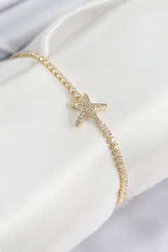 Pirinç Zirkon Taşlı Deniz Yıldızı Model Gold Renk Kadın Bileklik 5886