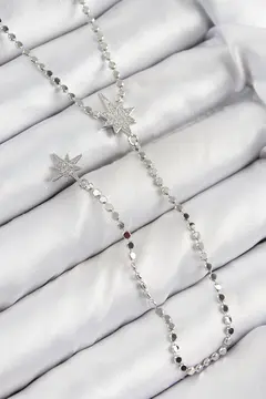 Pirinç Zirkon Taşlı Ezme Zincirli Kutup Yıldızı Model Gümüş Renk Y Kolye 5886