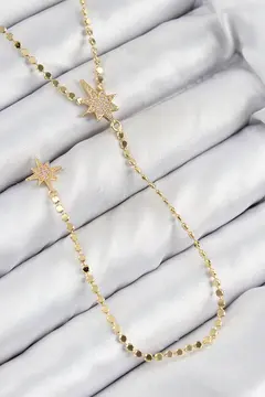 Pirinç Zirkon Taşlı Ezme Zincirli Kutup Yıldızı Model Gold Renk Y Kolye 5886
