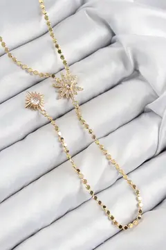 Pirinç Zirkon Taşlı Ezme Zincirli Kutup Yıldızı Model Gold Renk Y Kolye 5886
