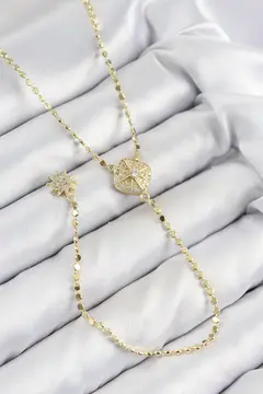 Pirinç Zirkon Taşlı Ezme Zincirli Madalyon Model Gold Renk Y Kolye 5886