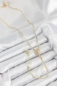 Pirinç Zirkon Taşlı Ezme Zincirli Madalyon Model Gold Renk Y Kolye 5886