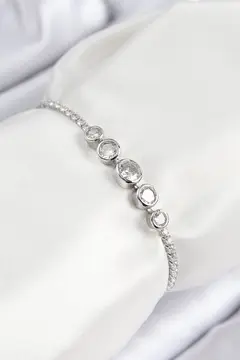 Pirinç Zirkon Taşlı Sıralı Daire Model Gümüş Renk Asansörlü Kadın Bileklik 5886