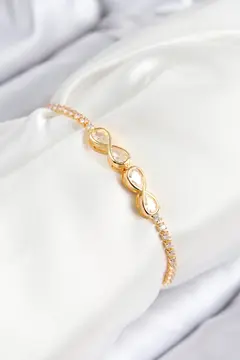 Pirinç Zirkon Taşlı Sonsuzluk Model Gold Renk Asansörlü Kadın Bileklik 5886