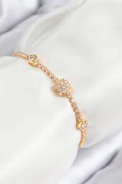 Pirinç Zirkon Taşlı Kar Tanesi Model Gold Renk Asansörlü Kadın Bileklik 5886