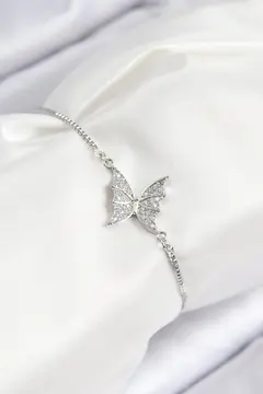 Pirinç Zirkon Taşlı Kelebek Model Gümüş Renk Asansörlü Kadın Bileklik 5886