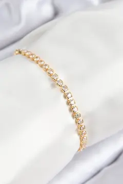 Pirinç Zirkon Taşlı Sıralı Model Gold Renk Asansörlü Kadın Bileklik 5886