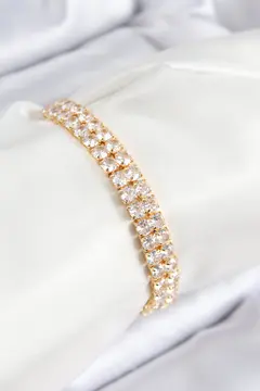 Pirinç Zirkon Taşlı Çift Sıra Kare Model Gold Renk Asansörlü Kadın Bileklik 5886