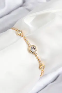Pirinç Zirkon Taşlı Daire Model Gold Renk Asansörlü Kadın Bileklik 5886