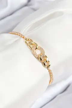 Pirinç Zirkon Taşlı Zincir Model Gold Renk Asansörlü Kadın Bileklik 5886