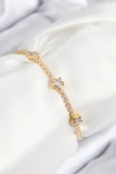 Pirinç Zirkon Taşlı Yıldız Model Gold Renk Asansörlü Kadın Bileklik 5886