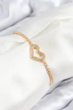 Pirinç Zirkon Taşlı Kalp Model Gold Renk Asansörlü Kadın Bileklik 5886