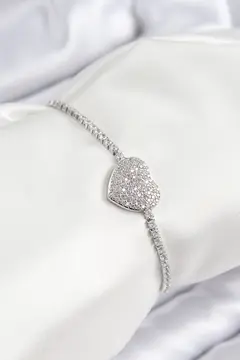 Pirinç Zirkon Taşlı Kalp Model Gümüş Renk Asansörlü Kadın Bileklik 5886
