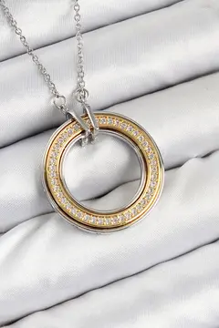 316L Çelik Zirkon Taşlı Dönen Daire Model Gold Ve Gümüş Renk Kadın Kolye 5886