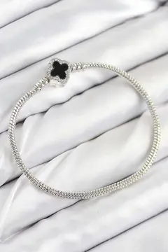 Pirinç Charm Zirkon Taşlı Yonca Model Gümüş Renk Kadın Bileklik 5886