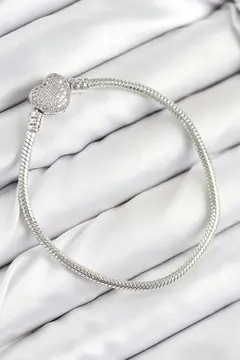 Pirinç Charm Zirkon Taşlı Kalp Model Gümüş Renk Kadın Bileklik 5886