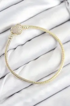 Pirinç Charm Zirkon Taşlı Kalp Model Gold Renk Kadın Bileklik 5886