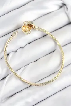 Pirinç Charm Zirkon Taşlı Kalp Model Gold Renk Kadın Bileklik 5886